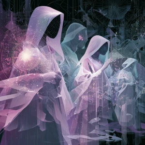 Illustrate a mysterious, dreamlike procession of masked figures...