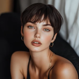 a woman, look to the camera, close up photo, Pixie cut Hairstyle...
