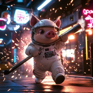 Cute cartoon pig without ears in vintage white spacesuit and hel...