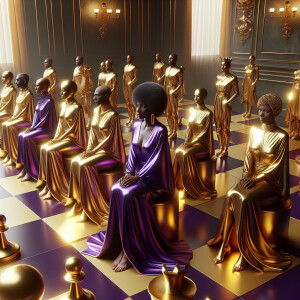 3-D realistic oil, painting, Oh a gold, and purple human chessbo...