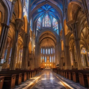 A grand cathedral with stained glass windows, intricate stone carvings, and rays of light streaming through the high arches.