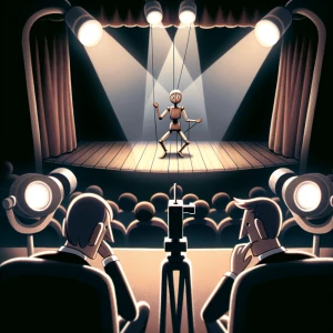 Wooden marionette, dancing on theater stage, where two stage lig...