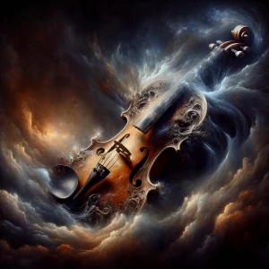Gothic violin transforming into a swirling nebula against a dark...