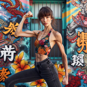 Athletic Thin skinny Attractive, Asian teenage girl, long brown hair and bangs, wearing tight skinny jeans and a halter top paint marks on her clothing, heroic pose Asian graffiti background