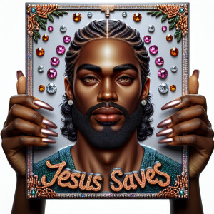 A 3D realistic artwork featuring the phrase 'Jesus Saves' adorne...