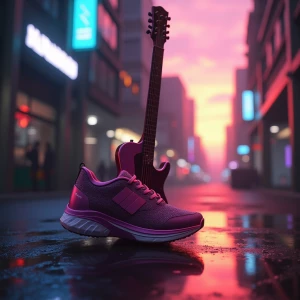Design an image of a cyberpunk-inspired scene where a rock guita...
