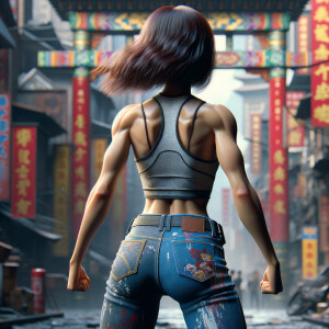 Athletic Thin skinny Attractive, Asian teenage girl, long brown hair and bangs, wearing tight skinny jeans and a halter top paint marks on her clothing, heroic pose Asian graffiti background, backside view