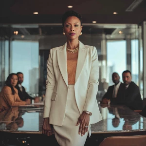 A powerful Black woman standing at the head of a modern, glass-w...