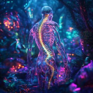 A surreal and vibrant cinematic scene featuring a transparent hu...