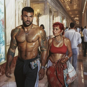 Photorealism,A sweaty tattoed muscular  man walking with his 54...