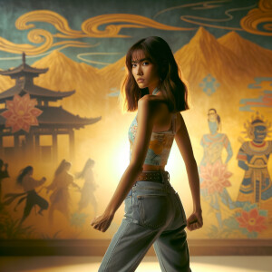 Athletic Thin skinny Attractive, Asian teenage girl, long brown hair and bangs, wearing tight skinny jeans and a halter top paint marks on her clothing, heroic pose Asian graffiti background, backside view