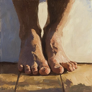 Oil painting of the two anthropomorphic feet sharing a moment, f...