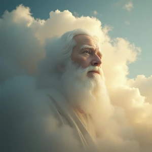 A depiction of God Almighty in the sky, with His face partially...