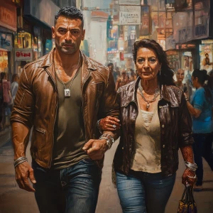 realism,a bodybuilder man ,walking with his 50 years old attract...