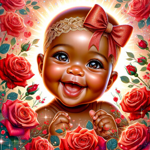 Create a vibrant and joyful image featuring an Light skin, African-American adorable baby with a captivating smile and sparkling eyes, exuding happiness and innocence. The baby wears a delicate headband with a graceful bow, suggesting a touch of elegance. Surrounding the baby are rich, red roses in full bloom, symbolizing love and beauty. The image radiates positivity and warmth, further enhanced by an overlay of magical sparkles and a message that reads "Have A Great Day" in cheerful, bold font. This composition should feel like a heartwarming greeting, perfect for spreading cheer and good wishes.