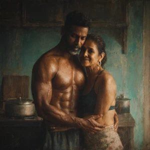 Realism photo painting.a muscular sweaty indian man standing b...
