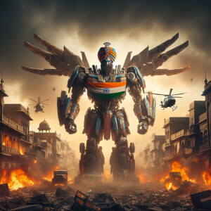 India as a transformer character, adorned with Indian king clad...