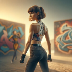 Athletic Thin skinny Attractive, Asian teenage girl, long brown hair and bangs, wearing tight skinny jeans and a halter top paint marks on her clothing, heroic pose Asian graffiti background, backside view