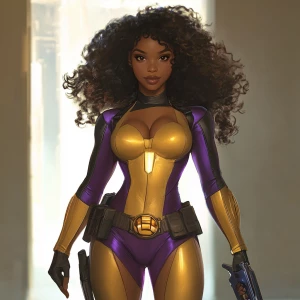 Capture a wide camera angle of a superheroine standing in an emp...
