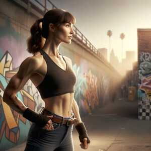 Athletic Thin skinny Attractive, Asian teenage girl, long brown hair and bangs, wearing tight skinny jeans and a halter top paint marks on her clothing, heroic pose Asian graffiti background, side view