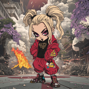 In the style of TOK, a photo editorial dramatic action pose of a...