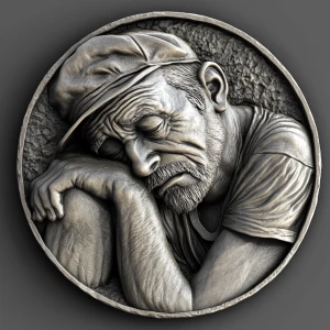 Design a high-contrast grayscale bas relief of  a hobo nickel wi...