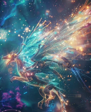 A cosmic dragon blooms from fractured code and starlight, ascend...