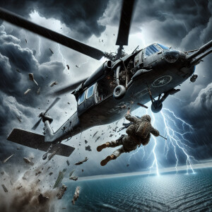 An Army helicopter struck by a missile, the helicopter tail has...