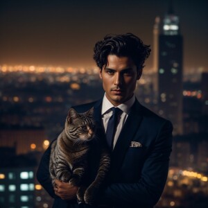 An elegant Italian male model with dark hair striking a pose in...