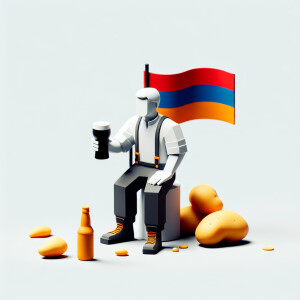 Armenian man with pint Guinness and potatoes and flag Belorussia...