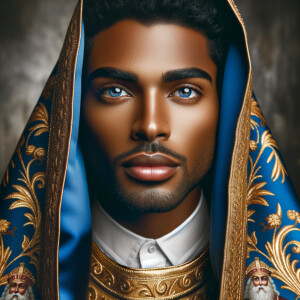 Create handsome African-American, Jesus, with Hazel Brown eyes wearing a blue and gold robe