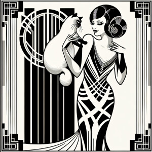 An erté type of drawing with the woman holding a cat
