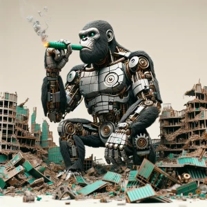 A colossal robotic simian, with visible gears and metal plates,...