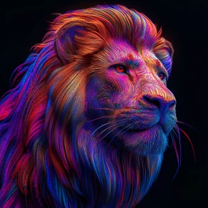 Create a 3D 8K UHD photorealistic image of a lion with an oversized mane exhibiting psychedelic patterns and hallucinogenic visual effects, ensuring extreme attention to detail and realism.