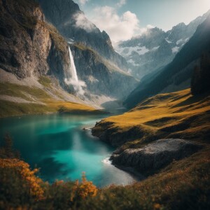 Alps with a lake an waterfall