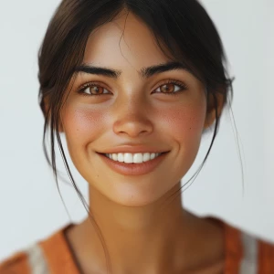 Generate a lifelike image of a smiling 22-year-old Mexican woman...