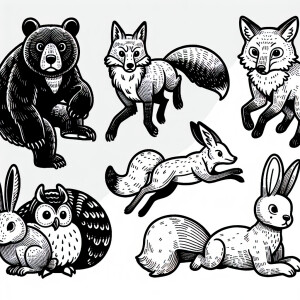 Create six separate black-and-white illustrations of forest anim...