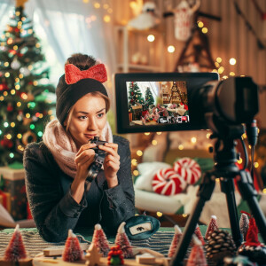 Photorealistic image. Woman making YouTube video of herself, mak...