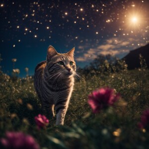 Describe a whimsical scene where a sparkly cat frolics under the...