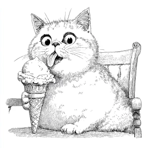 A cat sitting on a vintage reading chair with an ice cream cone...