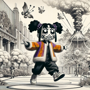 In the style of TOK, a photo editorial dramatic action pose of a...