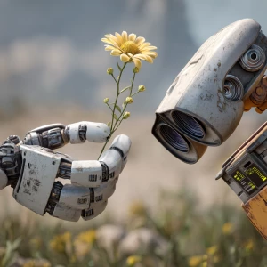 Wall-E robot's hand (arm) touches a flower with a green stem and...