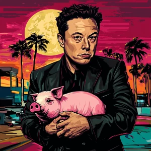 Elon Musk in GTA art style — Holding moon pig — in the style of...