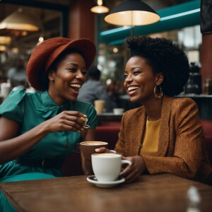 Give me 3 African American women sitting in a cafe having coffee...