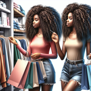 two African American lady's shopping, wavy wet hair, photo, illu...