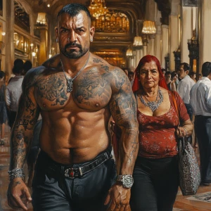 Hyperrealistic painting, a muscular, tattooed man visibly perspi...