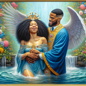 An oil painting depicting a light-skinned African-American pasto...