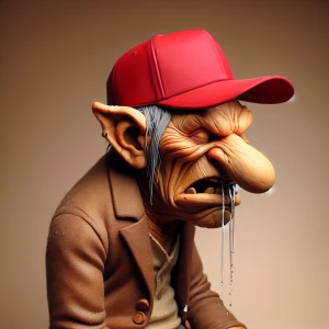 Generate an image of a troll, mid-spit, wearing a vivid red base...