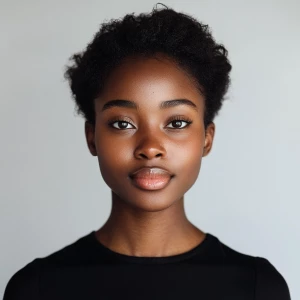 Create an image of a 22-year-old joyful American black woman wit...