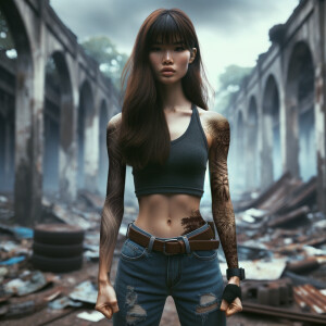 Thin Asian teen girl wearing tight jeans and a halter top Long brown hair and bangs, tattoos on her arms, athletic heroic pose